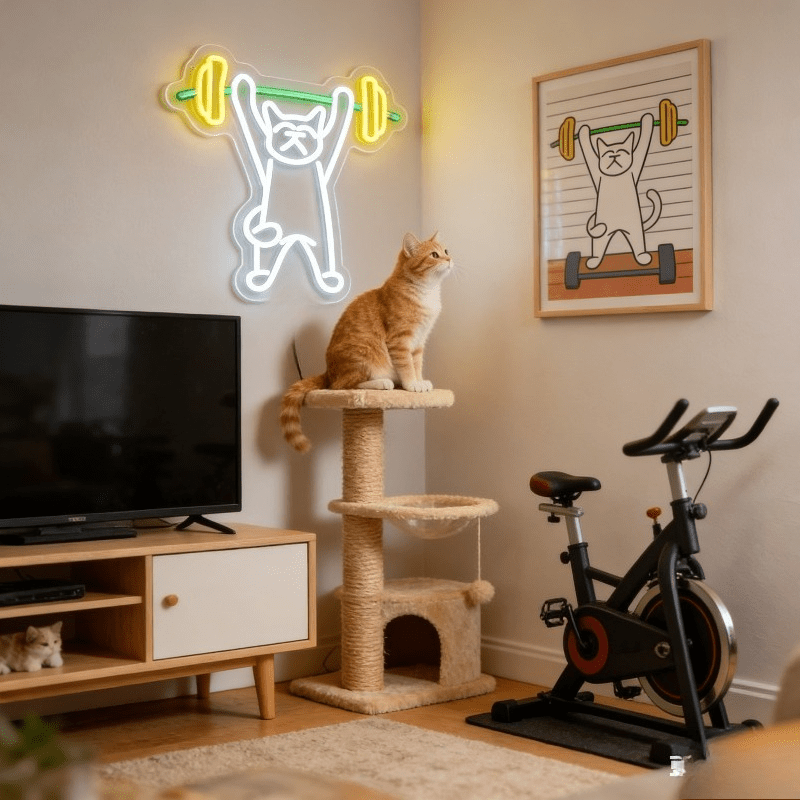 Cat Lifting Weights Neon Sign  - Home Gym Neon Sign ulasan dan harga